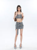 Prettyswomen Chrome Denim Heart Belt Bandeau Top + Denim Belt Wrap Mini Skirt + Denim Micro Flare Jeans Pants Matching Set