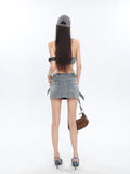 Prettyswomen Chrome Denim Heart Belt Bandeau Top + Denim Belt Wrap Mini Skirt + Denim Micro Flare Jeans Pants Matching Set