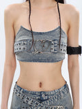 Prettyswomen Chrome Denim Heart Belt Bandeau Top + Denim Belt Wrap Mini Skirt + Denim Micro Flare Jeans Pants Matching Set