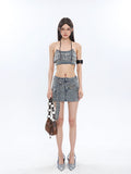 Prettyswomen Chrome Denim Heart Belt Bandeau Top + Denim Belt Wrap Mini Skirt + Denim Micro Flare Jeans Pants Matching Set