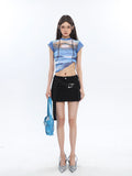 Prettyswomen Chrome Denim Heart Belt Bandeau Top + Denim Belt Wrap Mini Skirt + Denim Micro Flare Jeans Pants Matching Set