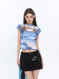 Prettyswomen Chrome Denim Heart Belt Bandeau Top + Denim Belt Wrap Mini Skirt + Denim Micro Flare Jeans Pants Matching Set