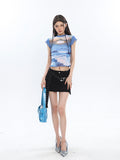 Prettyswomen Chrome Denim Heart Belt Bandeau Top + Denim Belt Wrap Mini Skirt + Denim Micro Flare Jeans Pants Matching Set