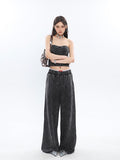 Prettyswomen Mina Vintage Grey Denim Bandeau Top + Straight Wide Leg Jeans Pants Matching Set