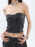 Prettyswomen Mina Vintage Grey Denim Bandeau Top + Straight Wide Leg Jeans Pants Matching Set