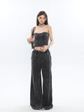 Prettyswomen Mina Vintage Grey Denim Bandeau Top + Straight Wide Leg Jeans Pants Matching Set