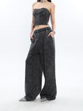 Prettyswomen Mina Vintage Grey Denim Bandeau Top + Straight Wide Leg Jeans Pants Matching Set