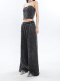 Prettyswomen Mina Vintage Grey Denim Bandeau Top + Straight Wide Leg Jeans Pants Matching Set