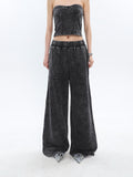 Prettyswomen Mina Vintage Grey Denim Bandeau Top + Straight Wide Leg Jeans Pants Matching Set