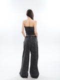 Prettyswomen Mina Vintage Grey Denim Bandeau Top + Straight Wide Leg Jeans Pants Matching Set