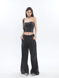 Prettyswomen Mina Vintage Grey Denim Bandeau Top + Straight Wide Leg Jeans Pants Matching Set