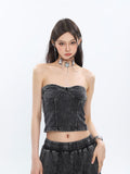 Prettyswomen Mina Vintage Grey Denim Bandeau Top + Straight Wide Leg Jeans Pants Matching Set