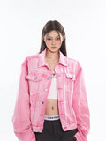 Prettyswomen Barbie Pink Denim Bleach Washed Dye Long Sleeve Button Up Jean Jacket + Low Waist Straight Leg Jeans Pants Matching Set