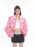 Prettyswomen Barbie Pink Denim Bleach Washed Dye Long Sleeve Button Up Jean Jacket + Low Waist Straight Leg Jeans Pants Matching Set