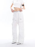 Prettyswomen Sia Solid Color White Slim Short Sleeve Cropped Top + High Waist Baggy Multi-Pocket Cargo Pants Matching Set