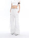 Prettyswomen Sia Solid Color White Slim Short Sleeve Cropped Top + High Waist Baggy Multi-Pocket Cargo Pants Matching Set