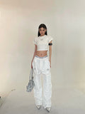 Prettyswomen Sia Solid Color White Slim Short Sleeve Cropped Top + High Waist Baggy Multi-Pocket Cargo Pants Matching Set