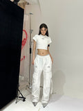 Prettyswomen Sia Solid Color White Slim Short Sleeve Cropped Top + High Waist Baggy Multi-Pocket Cargo Pants Matching Set