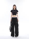 Prettyswomen Sia Solid Color White Slim Short Sleeve Cropped Top + High Waist Baggy Multi-Pocket Cargo Pants Matching Set