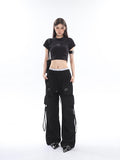 Prettyswomen Sia Solid Color White Slim Short Sleeve Cropped Top + High Waist Baggy Multi-Pocket Cargo Pants Matching Set