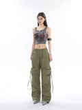 Prettyswomen Sia Solid Color White Slim Short Sleeve Cropped Top + High Waist Baggy Multi-Pocket Cargo Pants Matching Set