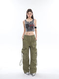 Prettyswomen Sia Solid Color White Slim Short Sleeve Cropped Top + High Waist Baggy Multi-Pocket Cargo Pants Matching Set