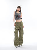 Prettyswomen Sia Solid Color White Slim Short Sleeve Cropped Top + High Waist Baggy Multi-Pocket Cargo Pants Matching Set