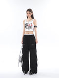 Prettyswomen Sia Solid Color White Slim Short Sleeve Cropped Top + High Waist Baggy Multi-Pocket Cargo Pants Matching Set