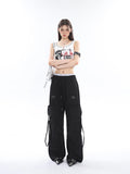 Prettyswomen Sia Solid Color White Slim Short Sleeve Cropped Top + High Waist Baggy Multi-Pocket Cargo Pants Matching Set