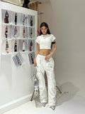 Prettyswomen Sia Solid Color White Slim Short Sleeve Cropped Top + High Waist Baggy Multi-Pocket Cargo Pants Matching Set