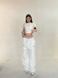 Prettyswomen Sia Solid Color White Slim Short Sleeve Cropped Top + High Waist Baggy Multi-Pocket Cargo Pants Matching Set