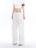 Prettyswomen Sia Solid Color White Slim Short Sleeve Cropped Top + High Waist Baggy Multi-Pocket Cargo Pants Matching Set