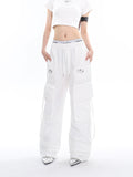 Prettyswomen Sia Solid Color White Slim Short Sleeve Cropped Top + High Waist Baggy Multi-Pocket Cargo Pants Matching Set