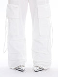 Prettyswomen Sia Solid Color White Slim Short Sleeve Cropped Top + High Waist Baggy Multi-Pocket Cargo Pants Matching Set