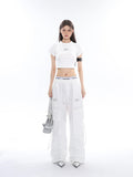 Prettyswomen Sia Solid Color White Slim Short Sleeve Cropped Top + High Waist Baggy Multi-Pocket Cargo Pants Matching Set