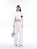 Prettyswomen Sia Solid Color White Slim Short Sleeve Cropped Top + High Waist Baggy Multi-Pocket Cargo Pants Matching Set