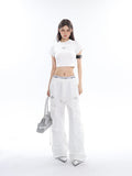 Prettyswomen Sia Solid Color White Slim Short Sleeve Cropped Top + High Waist Baggy Multi-Pocket Cargo Pants Matching Set