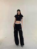 Prettyswomen Sia Solid Color White Slim Short Sleeve Cropped Top + High Waist Baggy Multi-Pocket Cargo Pants Matching Set