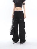 Prettyswomen Sia Solid Color White Slim Short Sleeve Cropped Top + High Waist Baggy Multi-Pocket Cargo Pants Matching Set