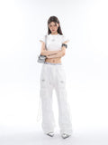 Prettyswomen Sia Solid Color White Slim Short Sleeve Cropped Top + High Waist Baggy Multi-Pocket Cargo Pants Matching Set