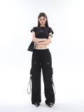 Prettyswomen Sia Solid Color White Slim Short Sleeve Cropped Top + High Waist Baggy Multi-Pocket Cargo Pants Matching Set