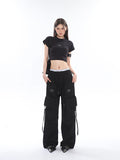 Prettyswomen Sia Solid Color White Slim Short Sleeve Cropped Top + High Waist Baggy Multi-Pocket Cargo Pants Matching Set