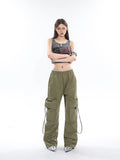 Prettyswomen Sia Solid Color White Slim Short Sleeve Cropped Top + High Waist Baggy Multi-Pocket Cargo Pants Matching Set