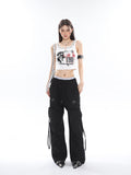 Prettyswomen Sia Solid Color White Slim Short Sleeve Cropped Top + High Waist Baggy Multi-Pocket Cargo Pants Matching Set