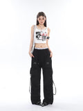 Prettyswomen Sia Solid Color White Slim Short Sleeve Cropped Top + High Waist Baggy Multi-Pocket Cargo Pants Matching Set