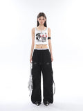 Prettyswomen Sia Solid Color White Slim Short Sleeve Cropped Top + High Waist Baggy Multi-Pocket Cargo Pants Matching Set