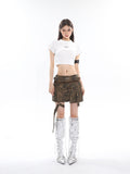 Prettyswomen Sia Solid Color White Slim Short Sleeve Cropped Top + High Waist Baggy Multi-Pocket Cargo Pants Matching Set