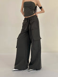 Prettyswomen Shaya Solid Color Dark Grey Bandeau Sleeveless Slim Cropped Top + High Wasit Multi-Pocket Straight Leg Baggy Cargo Pants Matching Set