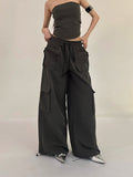 Prettyswomen Shaya Solid Color Dark Grey Bandeau Sleeveless Slim Cropped Top + High Wasit Multi-Pocket Straight Leg Baggy Cargo Pants Matching Set