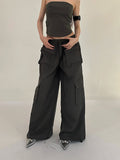 Prettyswomen Shaya Solid Color Dark Grey Bandeau Sleeveless Slim Cropped Top + High Wasit Multi-Pocket Straight Leg Baggy Cargo Pants Matching Set